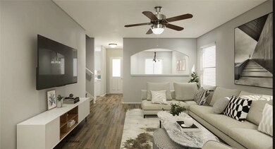 Living room featuring dark wood-type flooring, cei