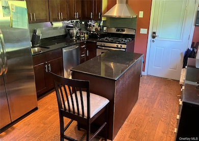 Kitchen featuring appliances with stainless steel finishes, dark stone countertops, extractor fan, and light wood-style floors