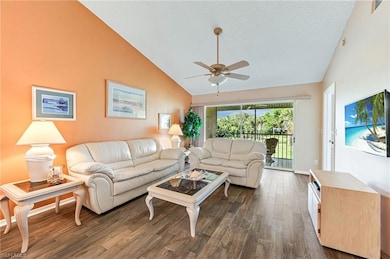 Living room with a textured ceiling, high vaulted 