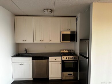 Kitchen featuring stainless steel appliances, white cabinetry, dark wood-style floors, and dark stone countertops