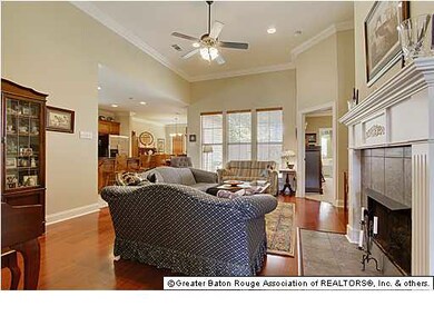 Living room with fireplace as focal point and view