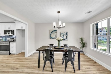 Dining area featuring light wood finished floors, a chandelier, plenty of natural light, and a textured ceiling