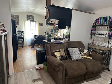 Living room with light wood-type flooring and vaulted ceiling