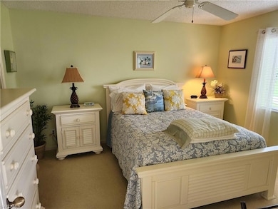 Bedroom featuring carpet flooring, a textured ceiling, and a ceiling fan
