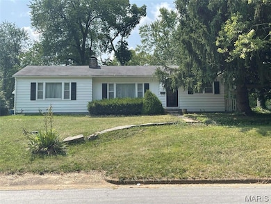 Ranch-style house with a front yard and a chimney