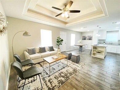 Living area featuring a raised ceiling, a ceiling fan, wood finished floors, and baseboards