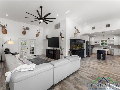Living room featuring ceiling fan, french doors, s