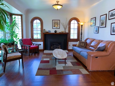 Living room featuring a glass covered fireplace and wood finished floors