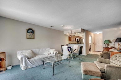 Living area with a chandelier, carpet flooring, a textured ceiling, and baseboards