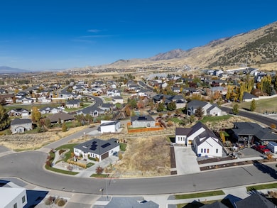 Aerial perspective of suburban area with mountains