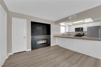 Kitchen with stainless steel appliances, light woo