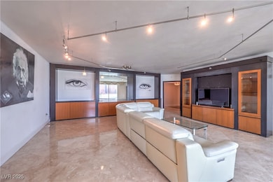 Living room featuring track lighting and marble ti