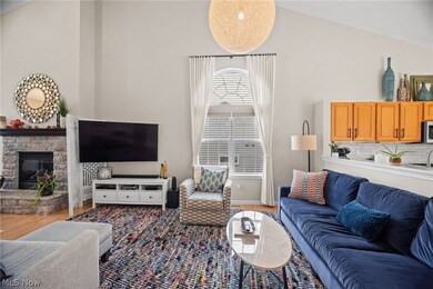 Living room with hardwood / wood-style floors, high vaulted ceiling, and a fireplace