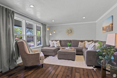 Living area with ornamental molding, wood finished floors, a textured ceiling, and recessed lighting