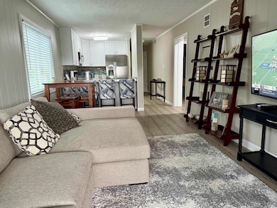 Living area featuring crown molding, a textured ceiling, visible vents, and wood finished floors