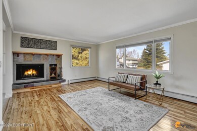 Living room with wood-burning fireplace