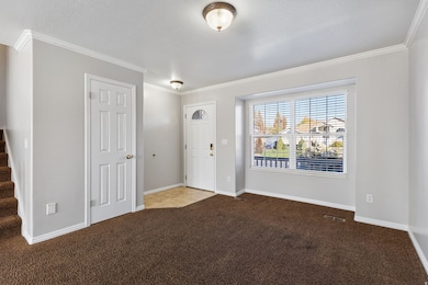 Carpeted entryway with ornamental molding and baseboards