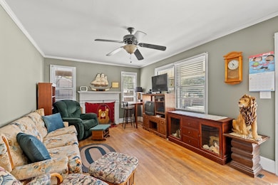 Living room featuring a ceiling fan, a fireplace, 