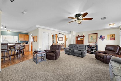 Carpeted living room featuring crown molding, ceil