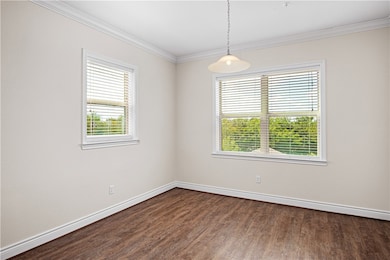 Empty room featuring ornamental molding, dark wood-style flooring, and healthy amount of natural light
