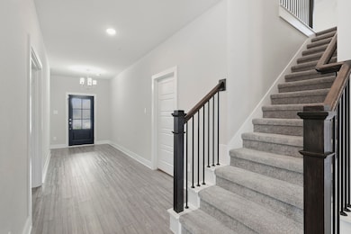 This entryway features a modern design with light gray walls and vinyl plank flooring. 