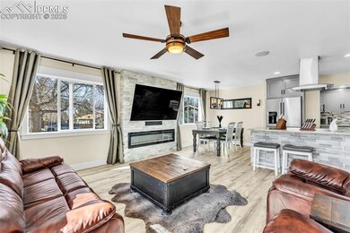 Living room featuring ceiling fan, a fireplace, li