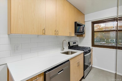 Kitchen with light brown cabinets, backsplash, stainless steel appliances, light stone countertops, and modern cabinets