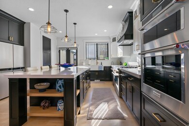 Kitchen featuring stainless steel appliances, dark cabinetry, open shelves, pendant lighting, and a center island