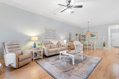 Living area featuring ceiling fan, light wood-type
