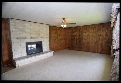 The living room features paneled walls with neutral carpeting.  Easy access to any part of the home from this space.