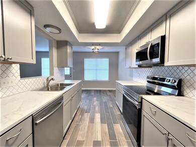 Kitchen with stainless steel appliances, a tray c