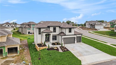 View of front of home featuring a residential view, stucco siding, a garage, concrete driveway, and a front yard