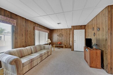 Living room with light carpet, wooden walls, and v
