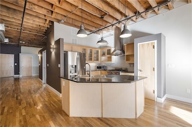 Kitchen featuring stainless steel fridge with ice