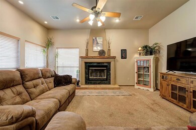 Living room featuring light carpet, a premium fire