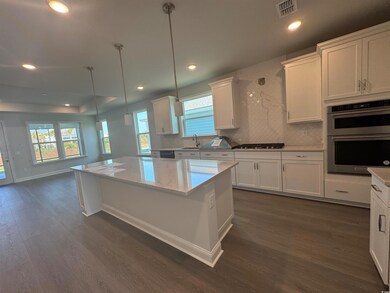 Kitchen with stainless steel double oven, a sink, 