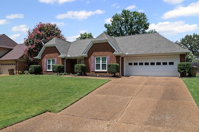 Single story home featuring roof with shingles, concrete driveway, a garage, and brick siding