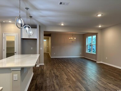 Kitchen with light stone counters, dark hardwood /