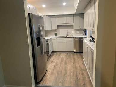 Kitchen with light countertops, wood finished floo