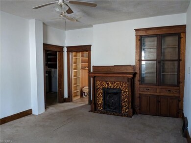 Dining room with fire place.