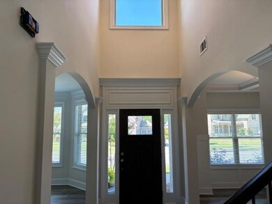 Foyer with arched walkways, healthy amount of natural light, a towering ceiling, and dark wood-style flooring