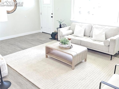 Living room with light wood-style flooring and bas