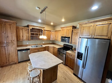 Kitchen with stainless steel appliances, light countertops, light wood-style floors, a center island, and recessed lighting