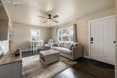 Living room featuring ceiling fan and dark wood-ty