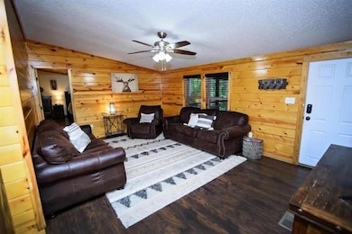 Living room featuring wooden walls, lofted ceiling