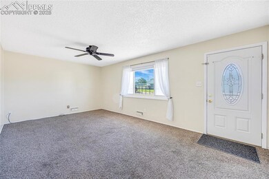 Carpeted foyer entrance featuring ceiling fan and a textured ceiling
