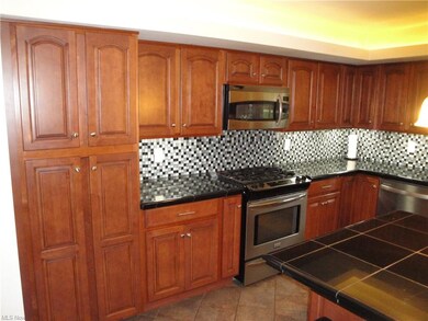 Cherry kitchen with gorgeous glass tile backsplash