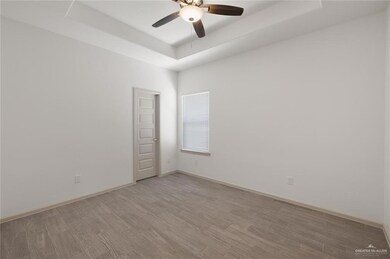 Unfurnished room with a tray ceiling, light wood-style floors, and ceiling fan