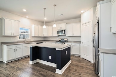 Kitchen with dark wood finished floors, white cabinets, appliances with stainless steel finishes, recessed lighting, and decorative light fixtures