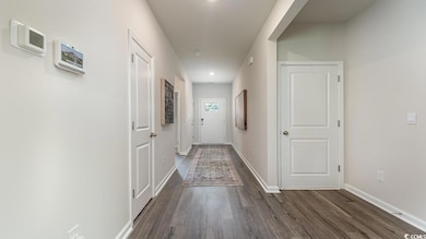 Hallway featuring dark wood-type flooring